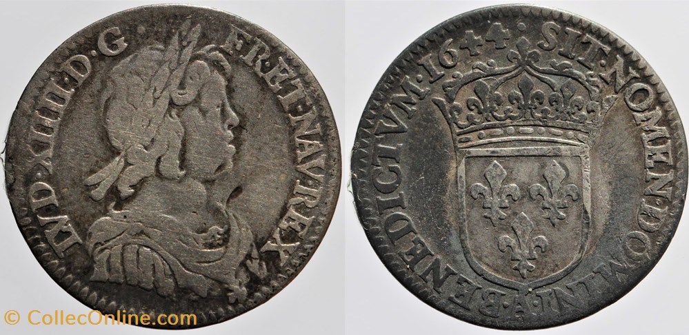 Dy 1464 - Louis XIV - 1/12 d'écu - 1644, Paris monnaies europe medievale france royales dy 1464 louis xiv 1 12 ecu 1644 paris