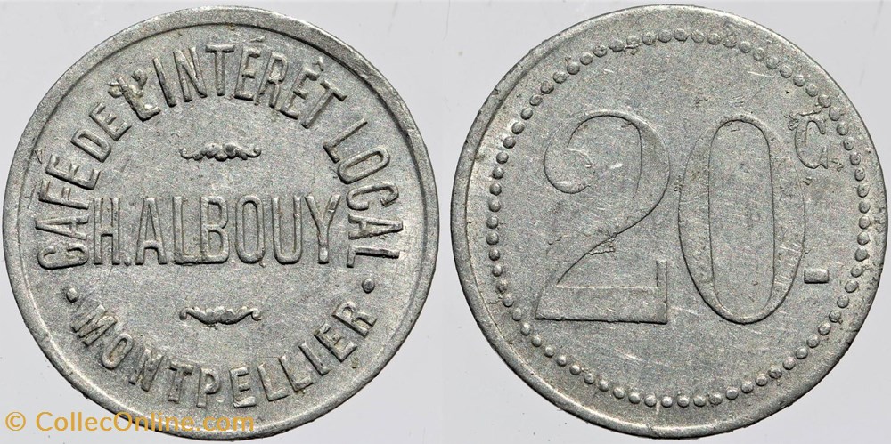 34 - Montpellier - Café de l'intérêt local - 20 centimes monnaies monde france 34 montpellier cafe de interet local 20 centimes