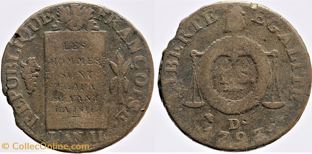 R-71 - Convention - 1 sol - 1793, Dijon monnaies monde france r 71 convention 1 sol 1793 dijon