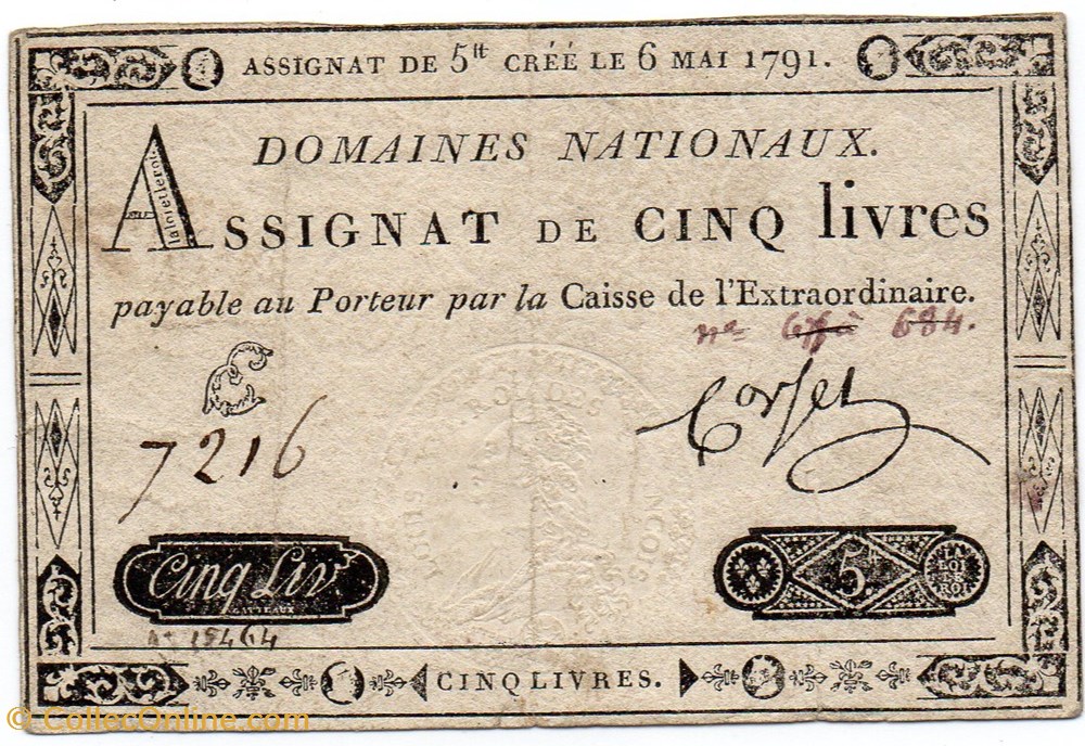 billets europe france assignat de 5 livres 6 mai 1791