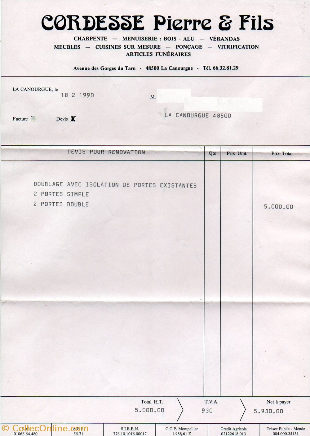 Cordesse Pierre & Fils (1990) documents anciens factures commerciaux cordesse pierre fils 1990