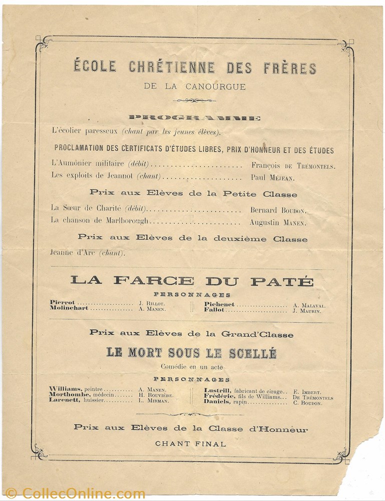 1896 - Distribution des prix et programme documents anciens diplomes bulletins scolaires 1896 distribution des prix et programme