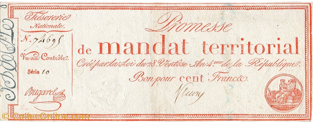 Mandat territorial de 100 francs - 28 ventôse AN IV billets europe france mandat territorial de 100 francs 28 ventose an iv