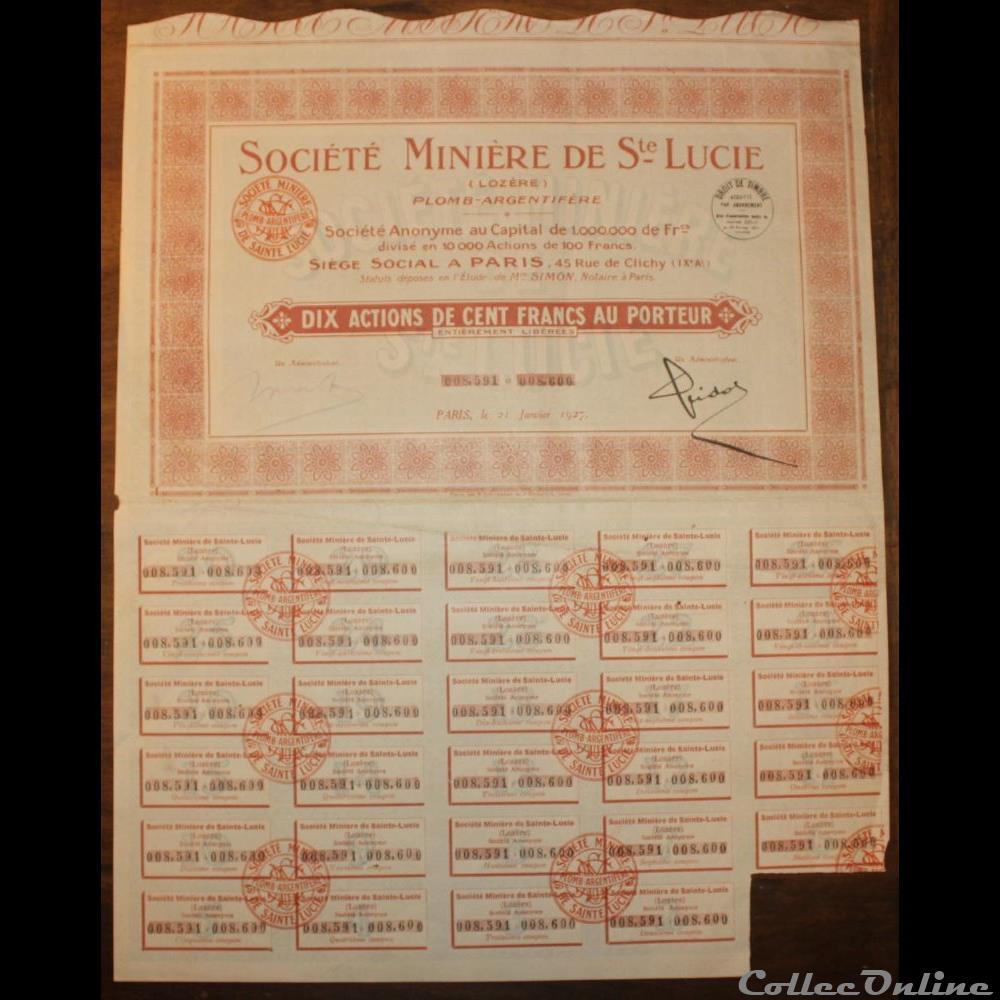 1927 - Société minière de Ste-Lucie vieux papier action titre montre ancienne 1927 societe miniere de ste lucie