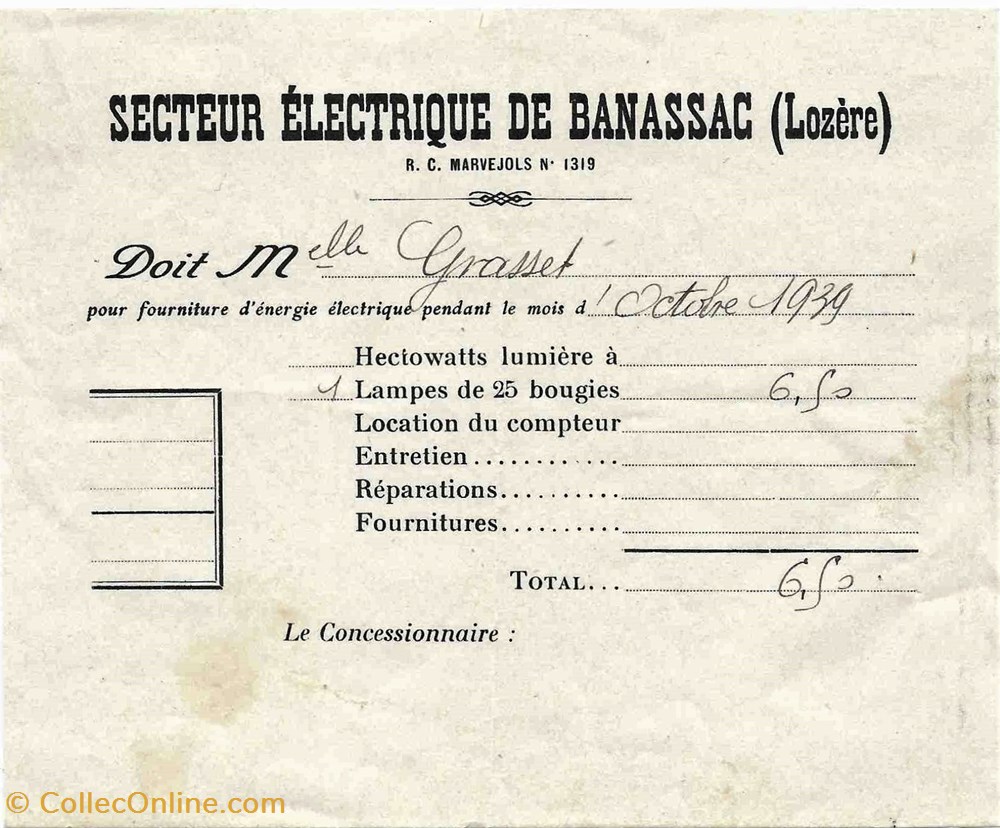 documents anciens factures commerciaux 1939 electricite banassac