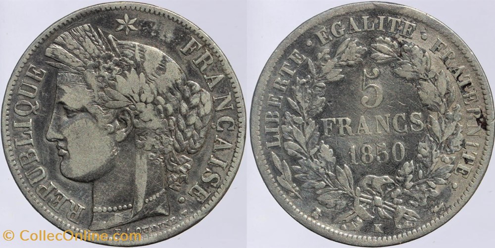 F-327 - Seconde République - 5 francs Cérés - 1850 Bordeaux monnaies monde france f 327 seconde republique 5 francs ceres 1850 bordeaux
