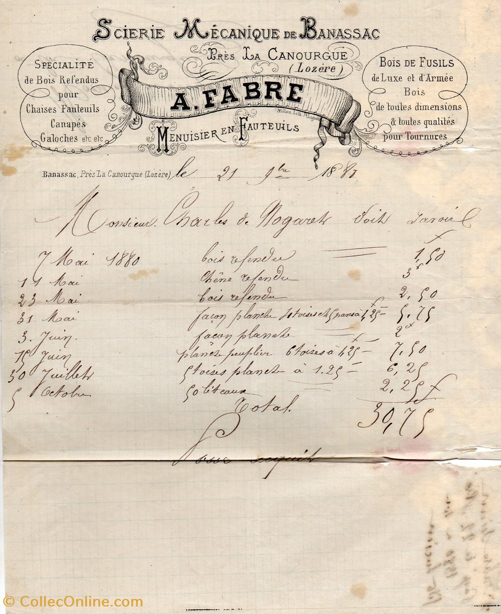 Fabre A. (1880) documents anciens factures commerciaux fabre a 1880