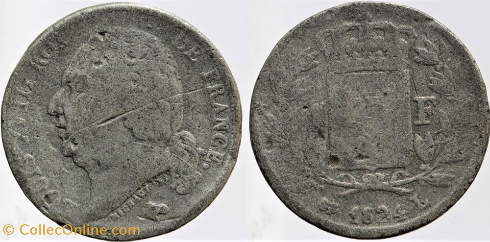 F-206 - Louis XVIII - 1 franc - 1824 Bayonne FAUSSE monnaies monde france f 206 louis xviii 1 franc 1824 bayonne fausse