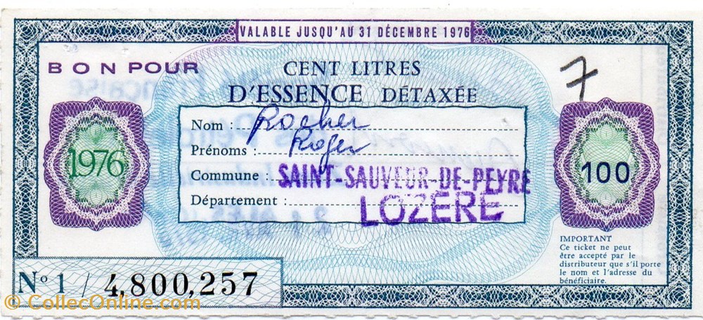 BON pour 100 litres d'essence détaxée billets europe france bon pour 100 litres essence detaxee