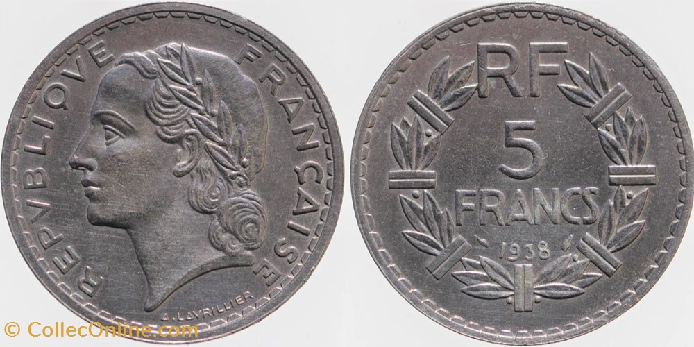 F-336 - Lavrillier - 5 frs nickel, 1938 monnaies monde france f 336 lavrillier 5 frs nickel 1938