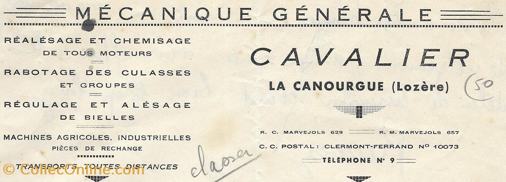 Cavalier (1942) vieux papier facture document commerciaux cavalier 1942