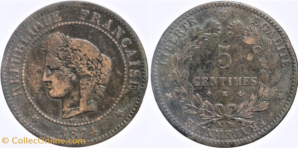 F-118 - Troisième République - Cérès - 5 c. - 1874 K monnaies monde france f 118 troisieme republique ceres 5 c 1874 k