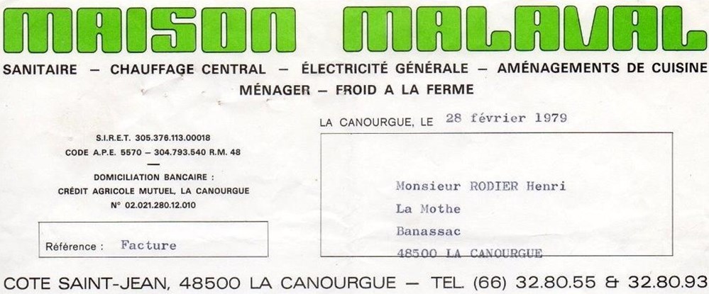 Malaval (1979) documents anciens factures commerciaux malaval 1979