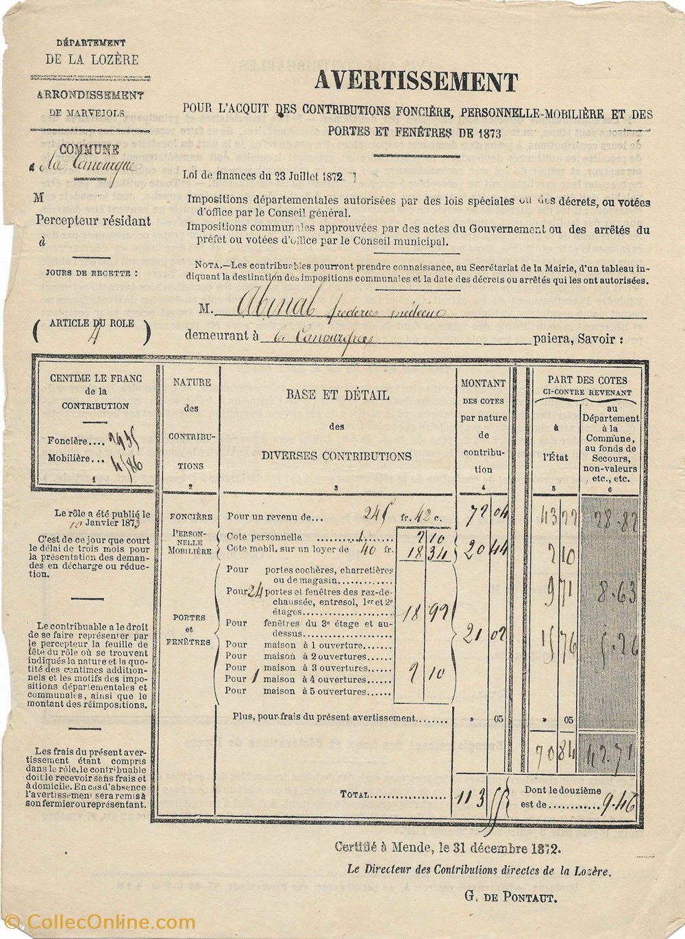 1872 - Contributions documents anciens autres 1872 contributions