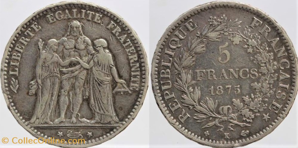 F-334 - Troisième République - Dupré - 5 francs - 1875 K monnaies monde france f 334 troisieme republique dupre 5 francs 1875 k
