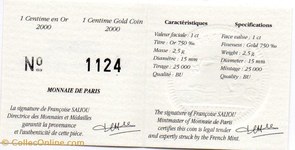 monnaies monde france 2000 1 centime or b u