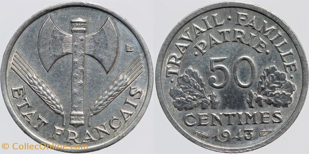 F-196 - Bazor - 50 c. - 1943 monnaies monde france f 196 bazor 50 c 1943
