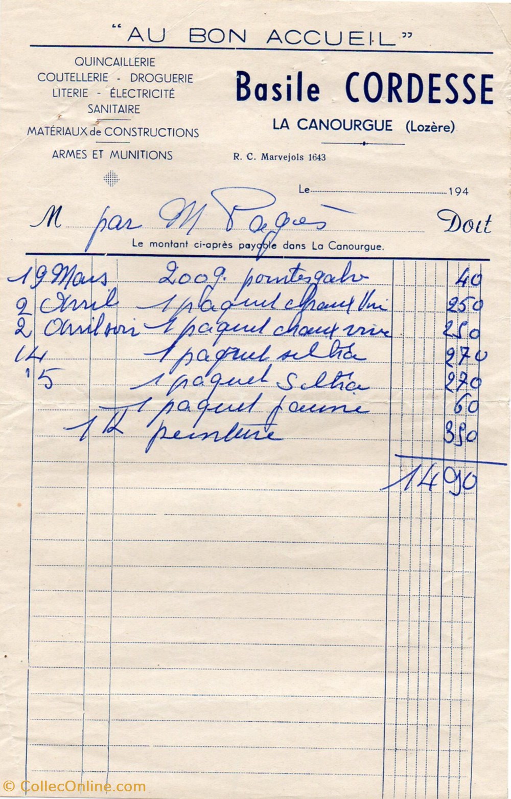 Cordesse Basile (194-) documents anciens factures commerciaux cordesse basile 194