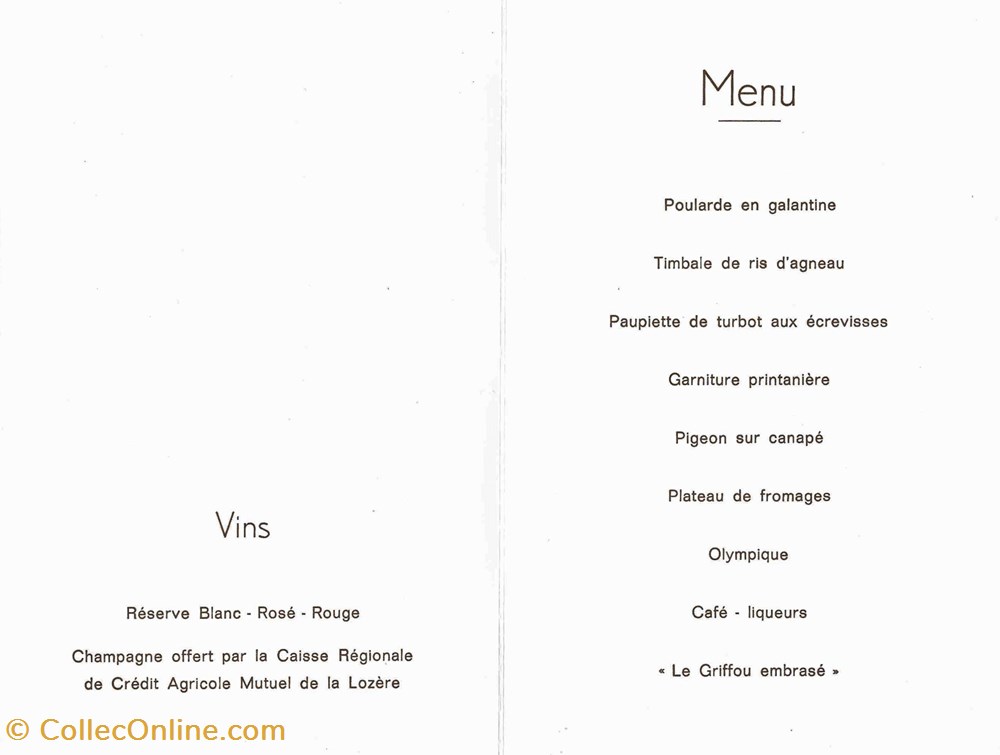 1985 - Menu assemblée de boulangers documents anciens menus 1985 menu assemblee de boulangers