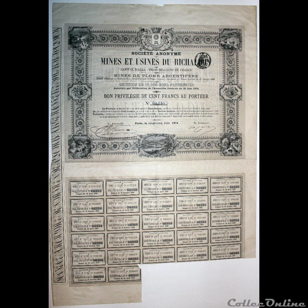 vieux papier action titre montre ancienne 1874 mines et usines du richaldon
