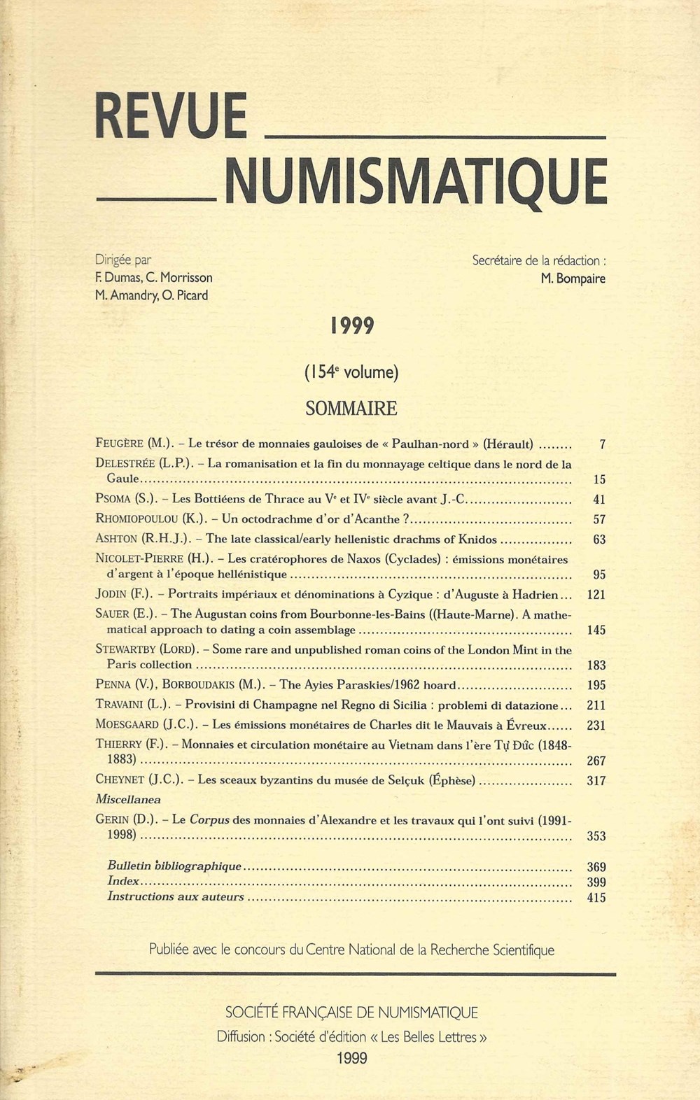 1999 - Revue Numismatique monnaies livres ouvrages 1999 revue numismatique