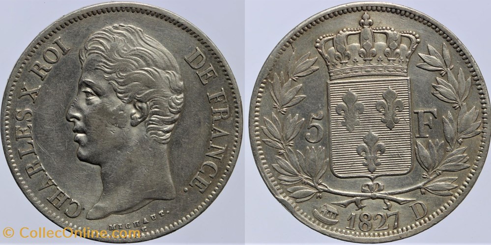 F-311 - Charles X - 5 francs - 1827 Lyon monnaies monde france f 311 charles x 5 francs 1827 lyon