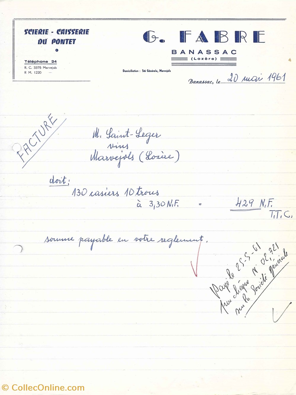 Fabre G. (1961) vieux papiers factures documents commerciaux fabre g 1961