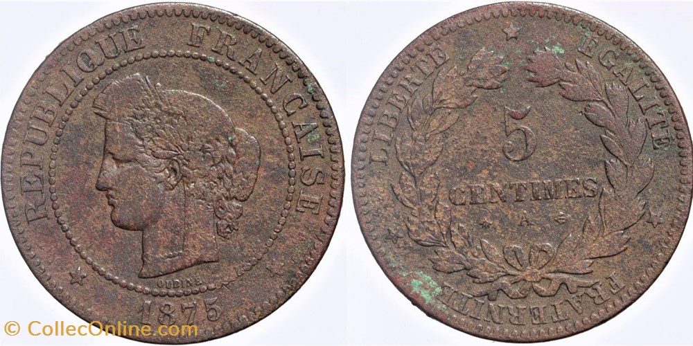 monnaies monde france f 118 troisieme republique ceres 5 c 1875 a