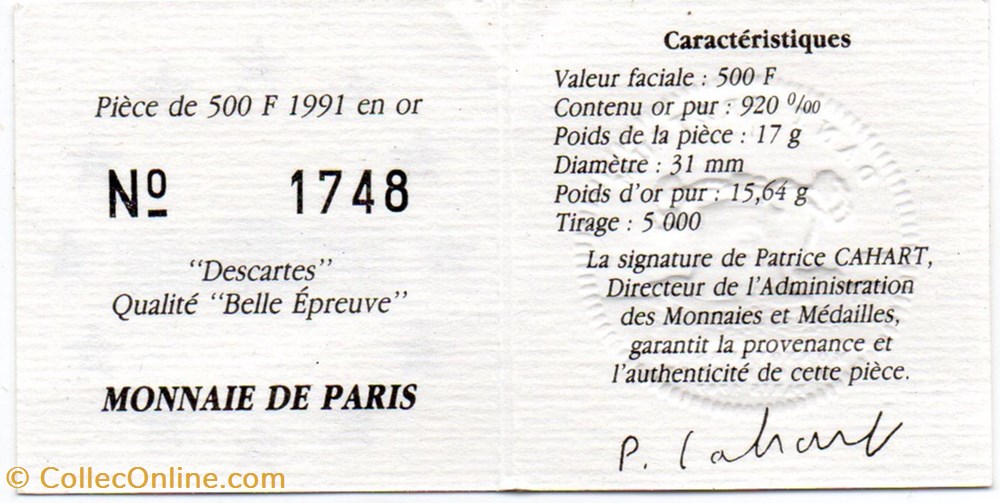 1991 - 70 écus/500 franc or B.E. monnaies monde france 1991 70 ecus 500 franc or b e