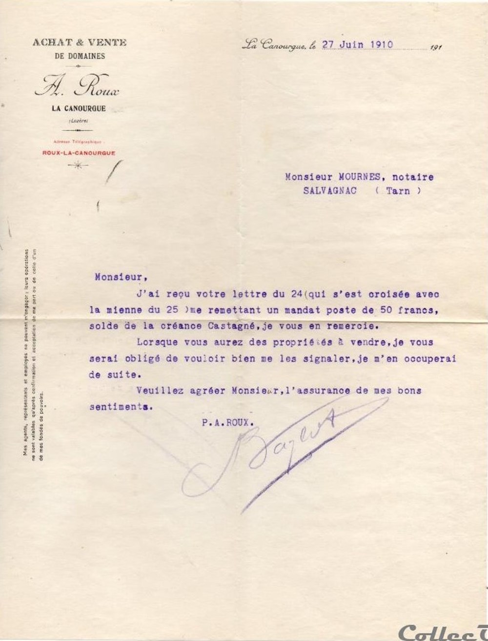 Roux A. (1910) documents anciens factures commerciaux roux a 1910