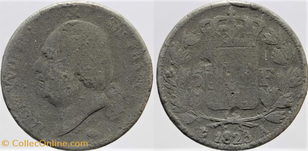 F-309 - Louis XVIII - 5 francs - 1823 Paris, fausse monnaies monde france f 309 louis xviii 5 francs 1823 paris fausse