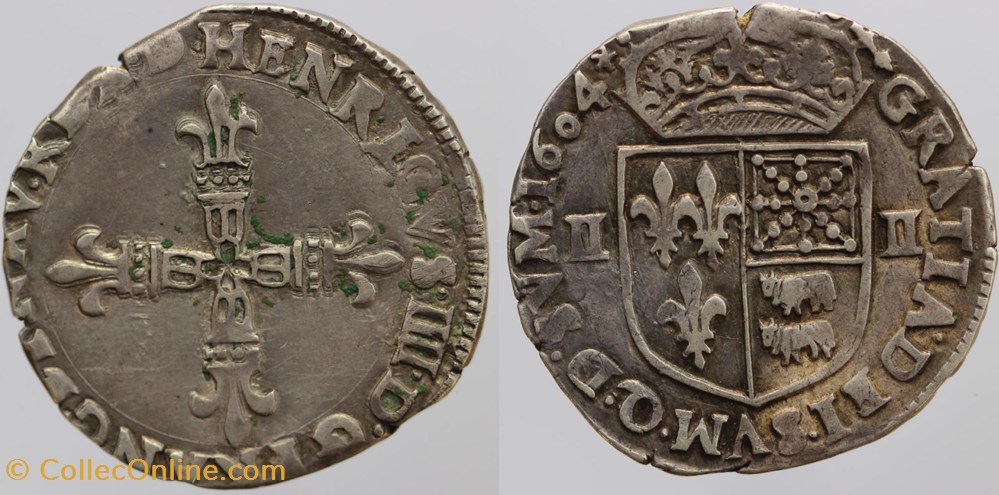 Dy 1240 - Henri IV - Quart d'écu - 1604, Morlaàs monnaies europe medievale france royales dy 1240 henri iv quart ecu 1604 morlaas