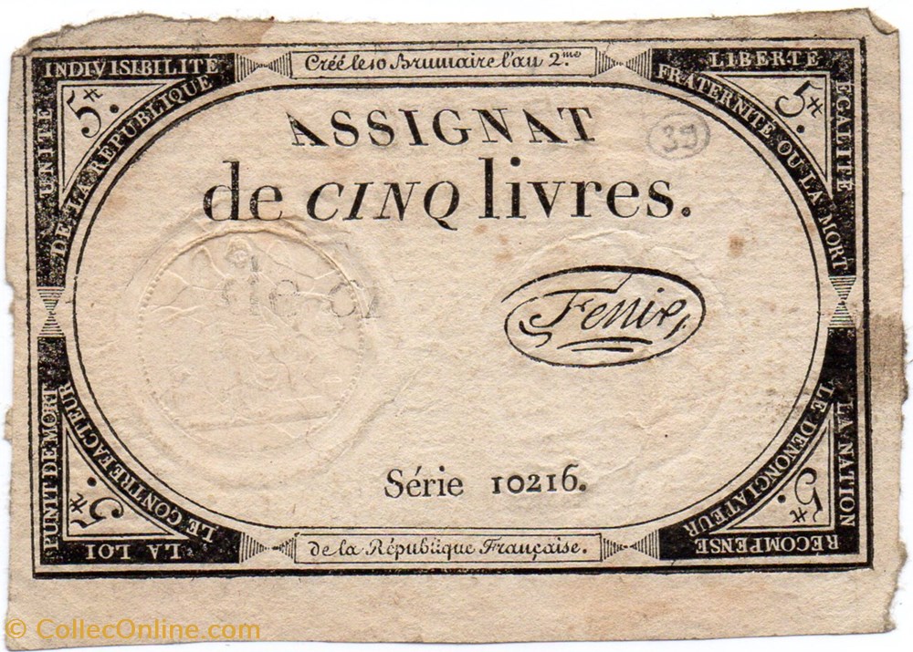 Assignat de 5 livres - 10 brumaire AN II billets europe france assignat de 5 livres 10 brumaire an ii