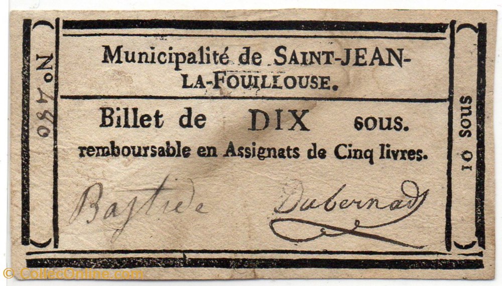 Billet de Confiance - St-JEAN-LA-FOUILLOUSE (Lozère) - 10 sous billets europe france billet de confiance st jean la fouillouse lozere 10 sous