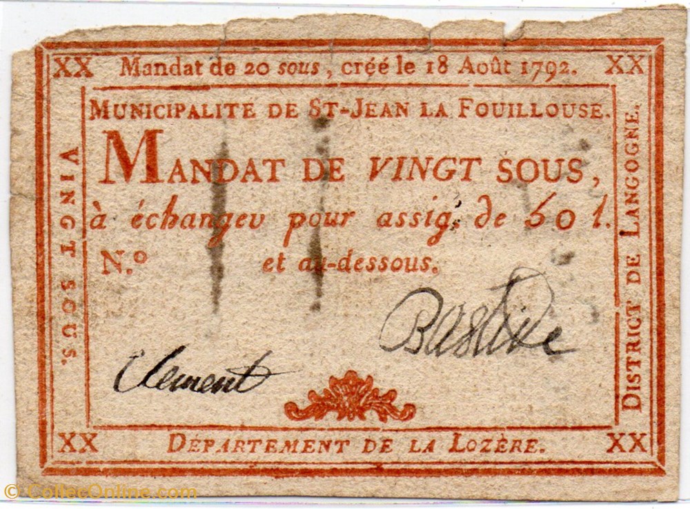 Billet de Confiance - St-JEAN-LA-FOUILLOUSE (Lozère) - 20 sous billets europe france billet de confiance st jean la fouillouse lozere 20 sous