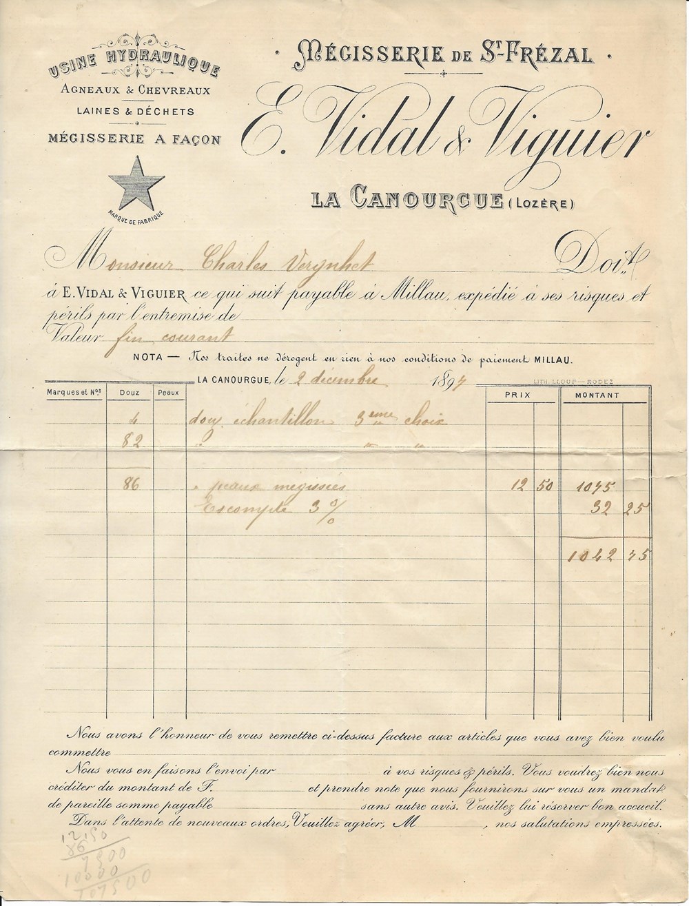 Vidal E & Viguier - 1894 documents anciens factures commerciaux vidal e viguier 1894
