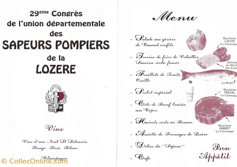 1989 - Menu Congrès des sapeurs pompiers de la Lozère documents anciens autres 1989 menu congres des sapeurs pompiers de la lozere