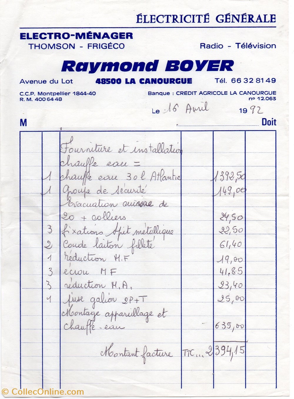 documents anciens factures commerciaux boyer raymond 1992