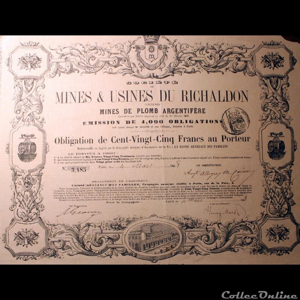 vieux papier action titre montre ancienne 1868 mines et usines du richaldon