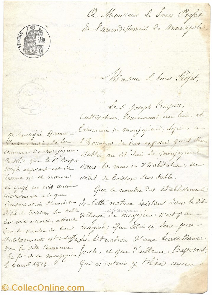 1873 - Demande pour débit de boissons Montjézieu documents anciens autres 1873 demande pour debit de boissons montjezieu