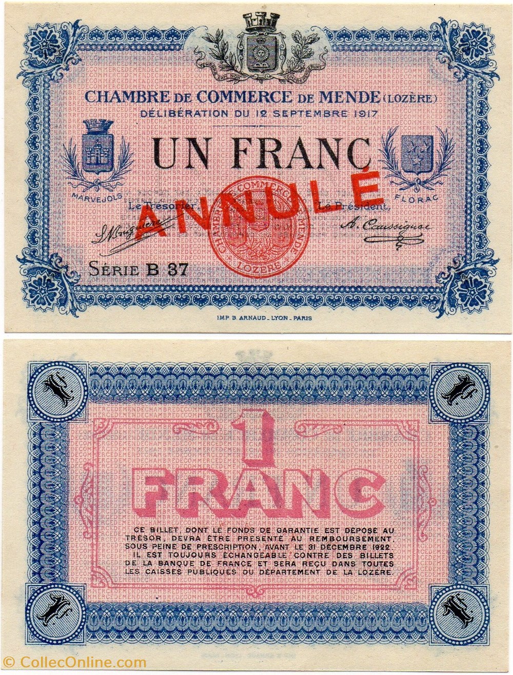 billets europe france 1 franc c c m serie b37 annule
