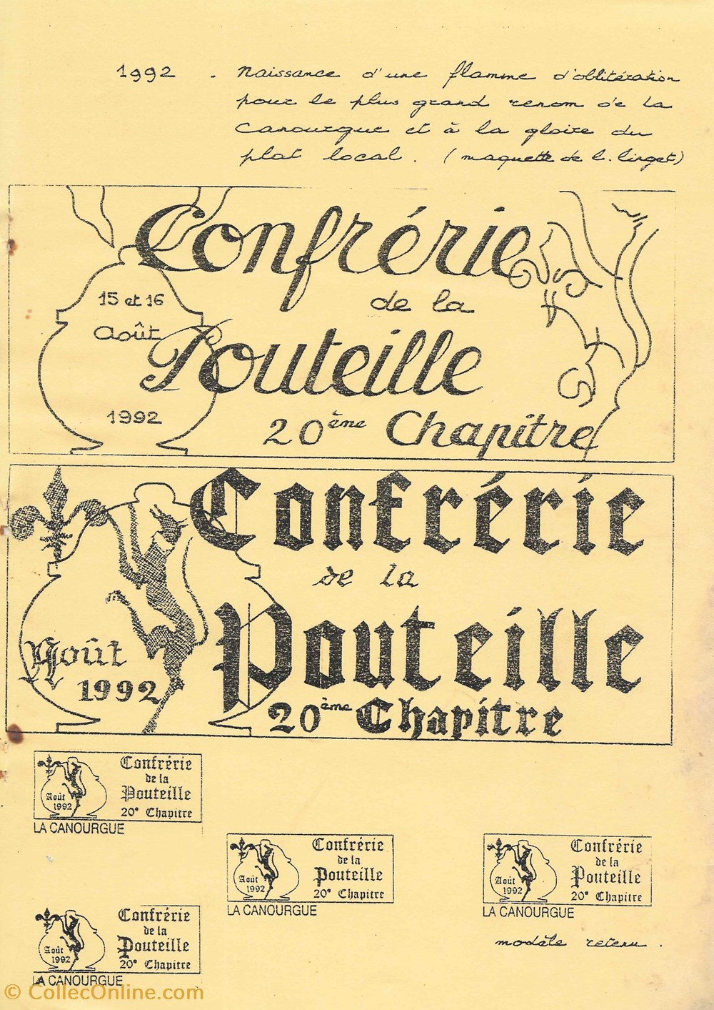 documents anciens marques postales europe 1992 confrerie de la pouteille projet