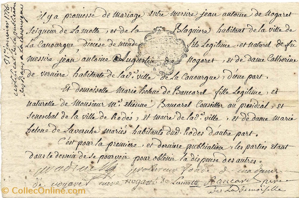 documents anciens autres 1776 certificat de la publication des bans a la canourgue