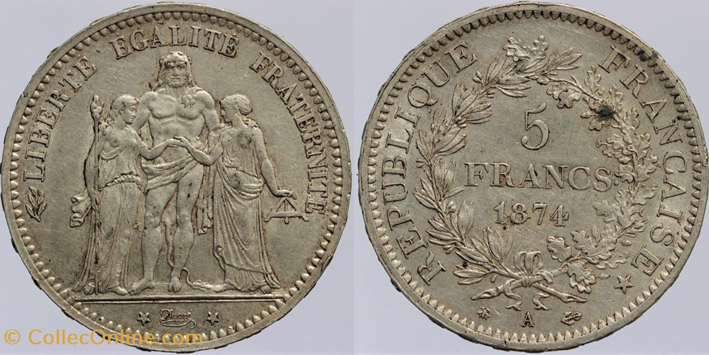 F-334 - Troisième République - Dupré - 5 francs - 1874 A monnaies monde france f 334 troisieme republique dupre 5 francs 1874 a