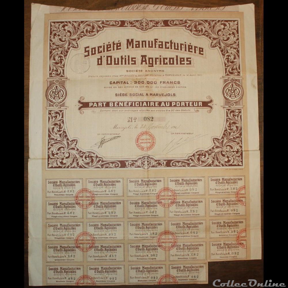 1911 - Marvejols vieux papier action titre montre ancienne 1911 marvejols