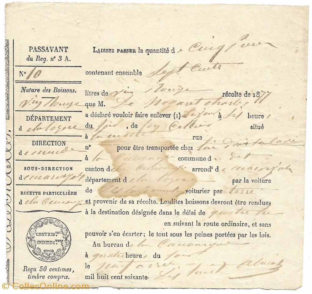 1878 - Passavant pour du vin, la Canourgue documents anciens autres 1878 passavant pour du vin la canourgue