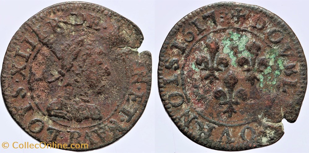 Dy 1362 - Louis XIII - Double tournois - 1617 Villeneuve monnaies europe medievale a france royales dy 1362 louis xiii double tournois 1617 villeneuve