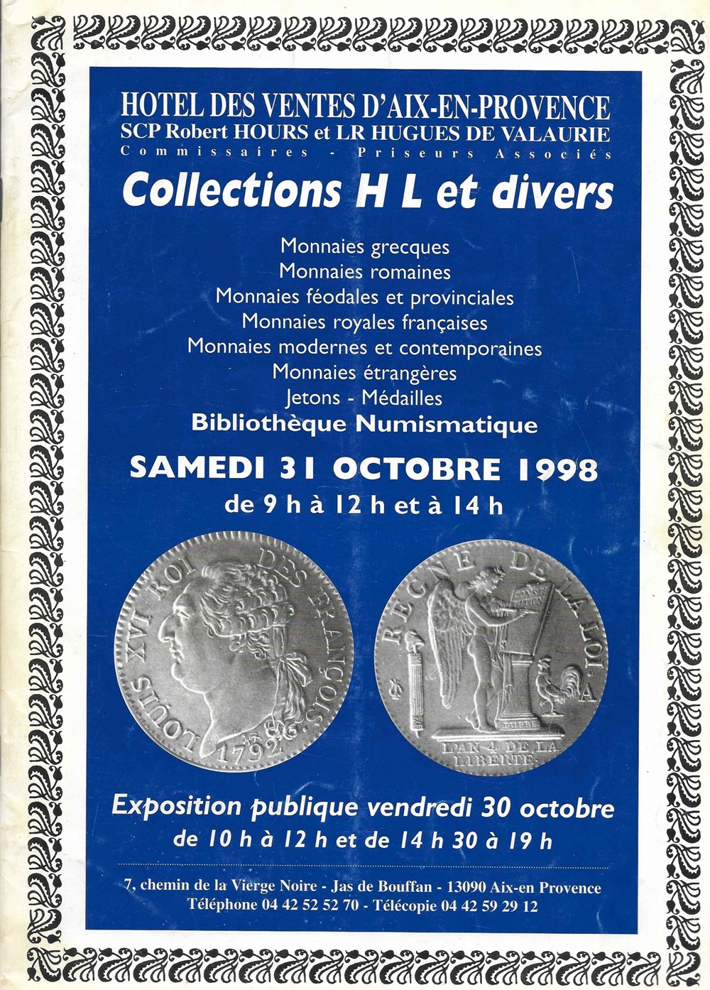1998 - Vente aux enchères monnaies livres ouvrages ventes 1998 vente aux encheres