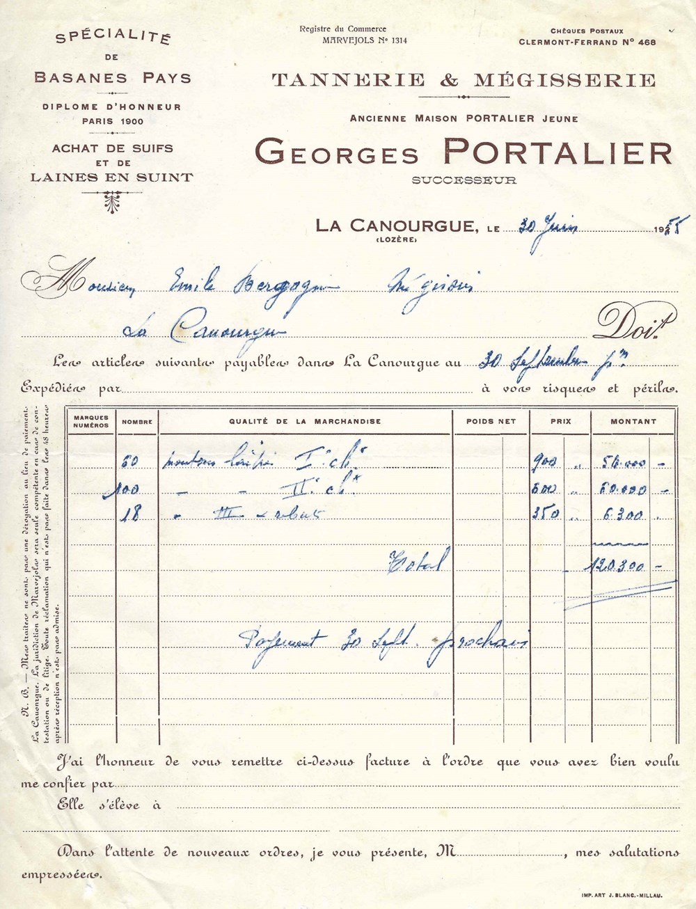 Portalier Georges (1955) documents anciens factures commerciaux portalier georges 1955
