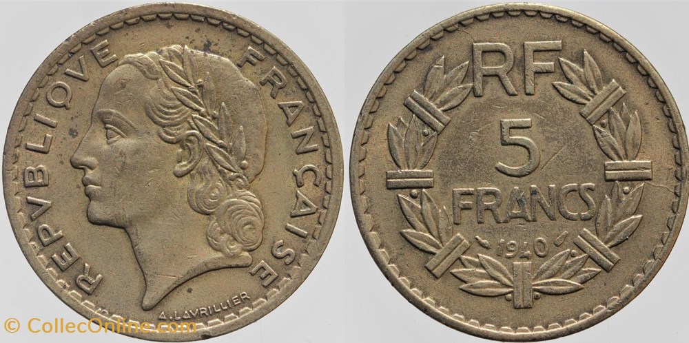 monnaies monde france f 337 lavrillier 5 frs br alu 1940